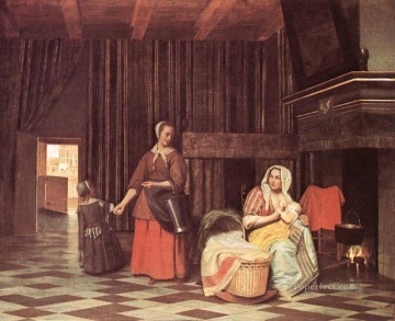 Suckling Mother and Maid genre Pieter de Hooch Oil Paintings